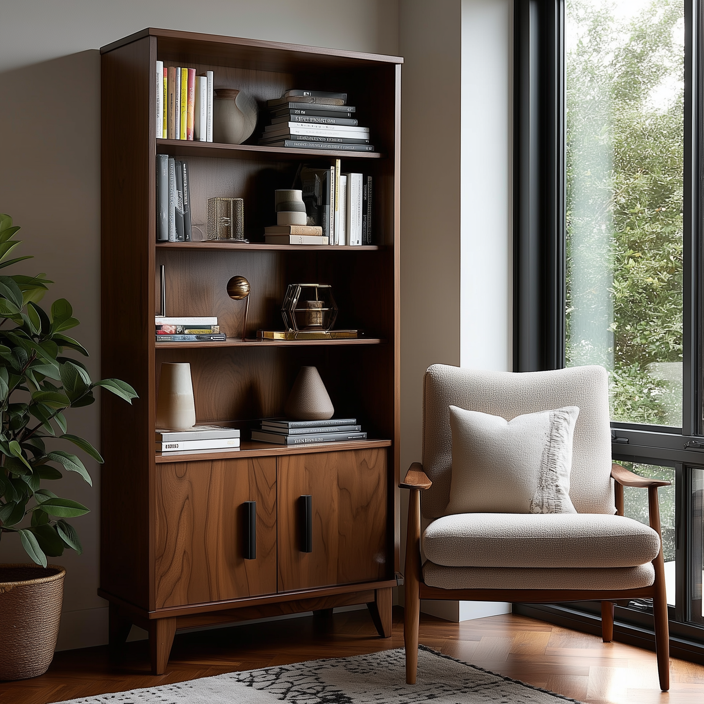 Wooden bookshelf with books and decor items next to a beige armchair in a room with a large window.