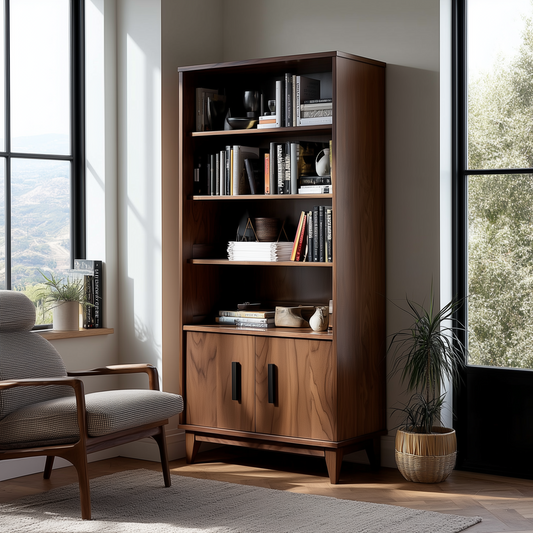 Wooden bookshelf with books and decor in a room with large windows.