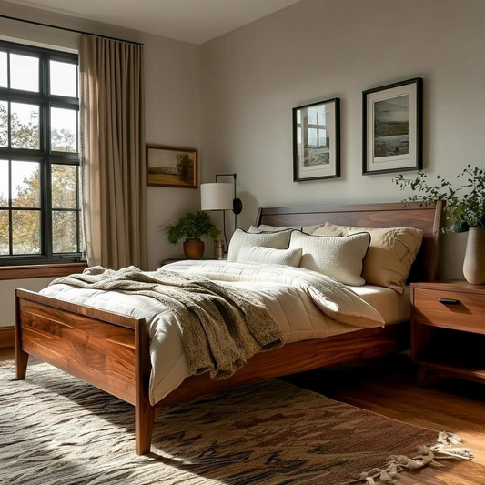 Wooden bed in a bedroom with framed pictures on the wall and a lamp.