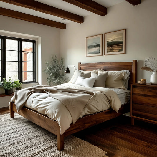 Bedroom with wooden bed, nightstands, and large window.
