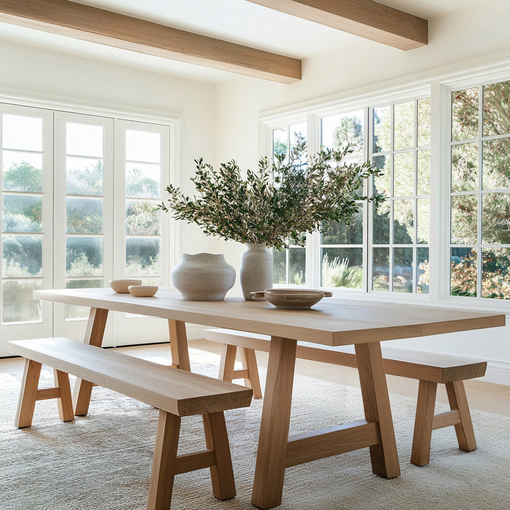 Oak dining table with solid wood A-shape legs and matching benches in a well lit dining room with large glass windows and doors