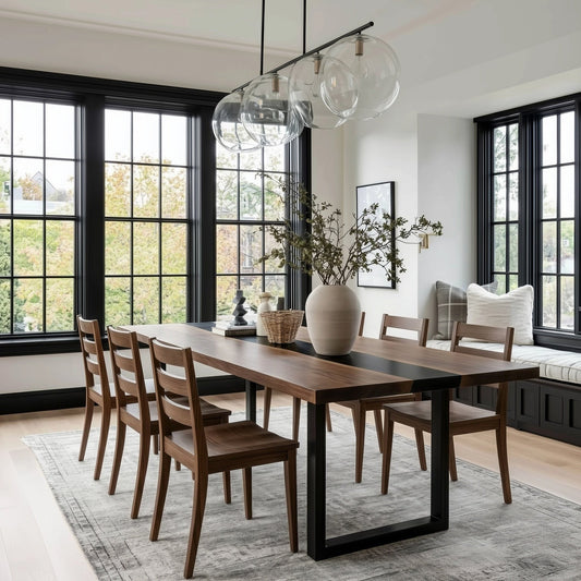Dining room with wooden table and chairs, large windows, and modern decor.
