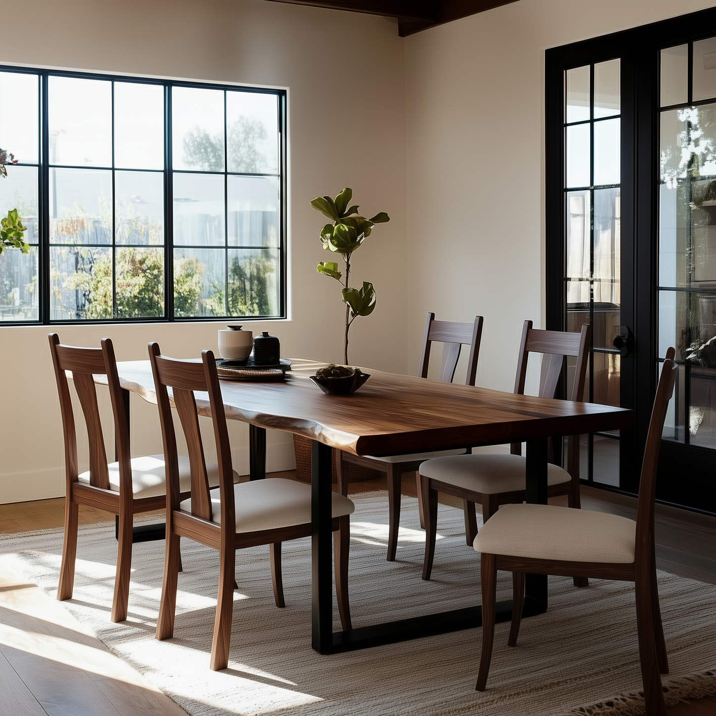 Dining room with wooden table and chairs near a large window.
