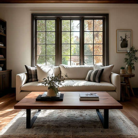 Living room with a beige sofa, wooden coffee table, and large window.
