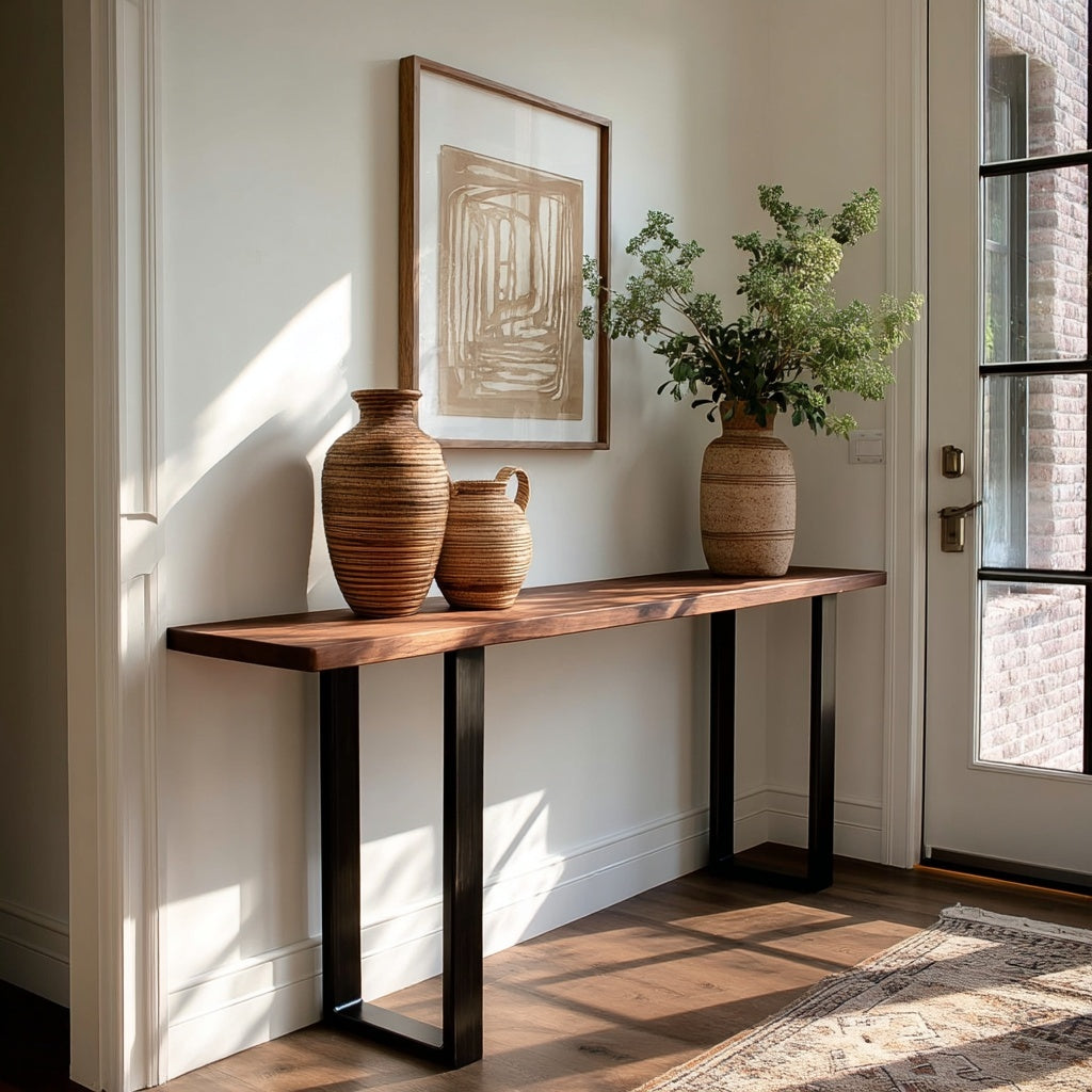 Wooden console table with decorative vases and a plant against a wall with a framed abstract painting.