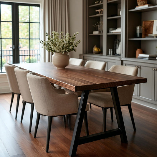 Dining room with wooden table and chairs near a window