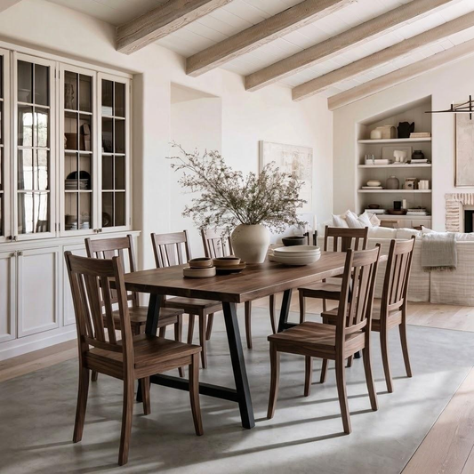 A dining room scene with a rectangular wooden table and six matching wooden chairs, styled with a large vase of dried branches and bowls. The room has exposed wood ceiling beams, white walls, built-in shelving, and a light rug.