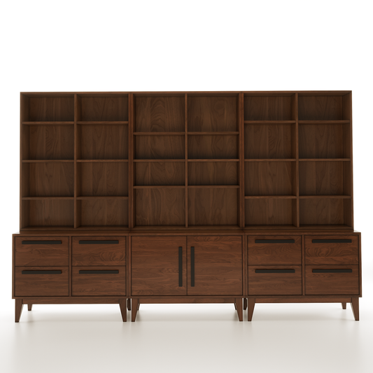 A large wooden sectional bookshelf on a white background
