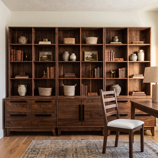 Alternate view of the Ashbury walnut sectional bookcase with an accent chair