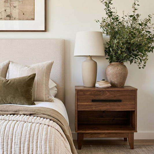 A warm-toned bedroom scene showing a dark wood nightstand beside a bed with cream bedding, a table lamp, a ceramic vase with greenery, and a neutral wall background.