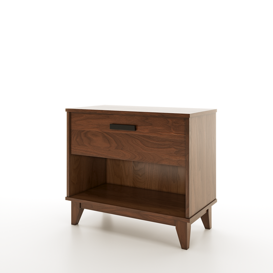 Front angle of a walnut nightstand featuring one drawer and one lower shelf on a white background