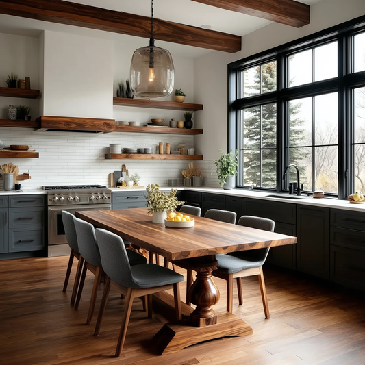 Modern kitchen with wooden dining table and chairs, large windows, and open shelves.