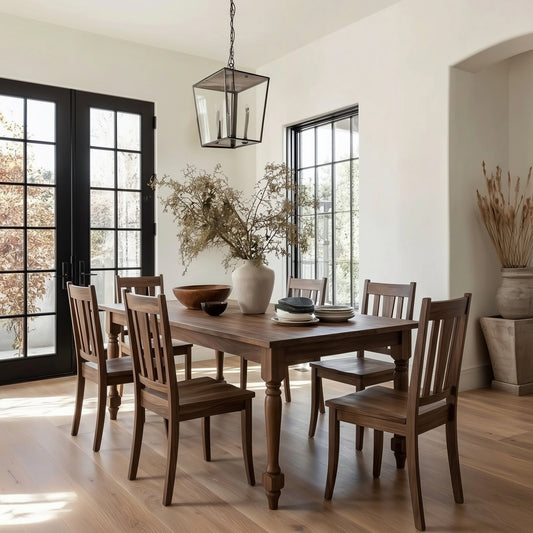Dining room with wooden table and chairs in a bright dining room.