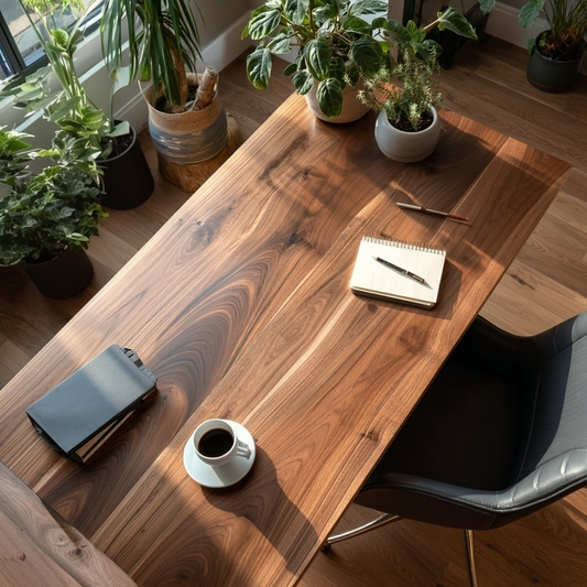 Wooden desk with a cup of coffee, notebook, and pen in a home office setting.