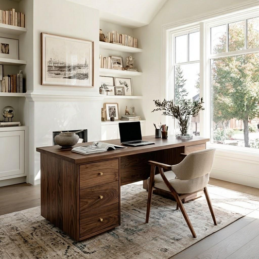 A dark wood writing desk in a bright home office setting, styled with a laptop, books, and a vase of branches, next to a beige armchair.