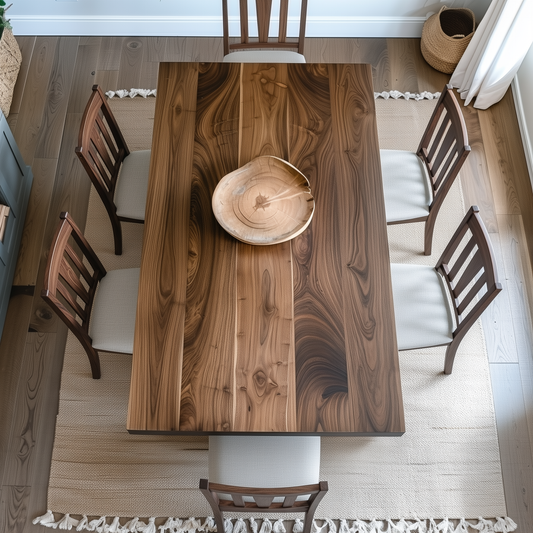 Wooden dining table with chairs in a room with light wood flooring.