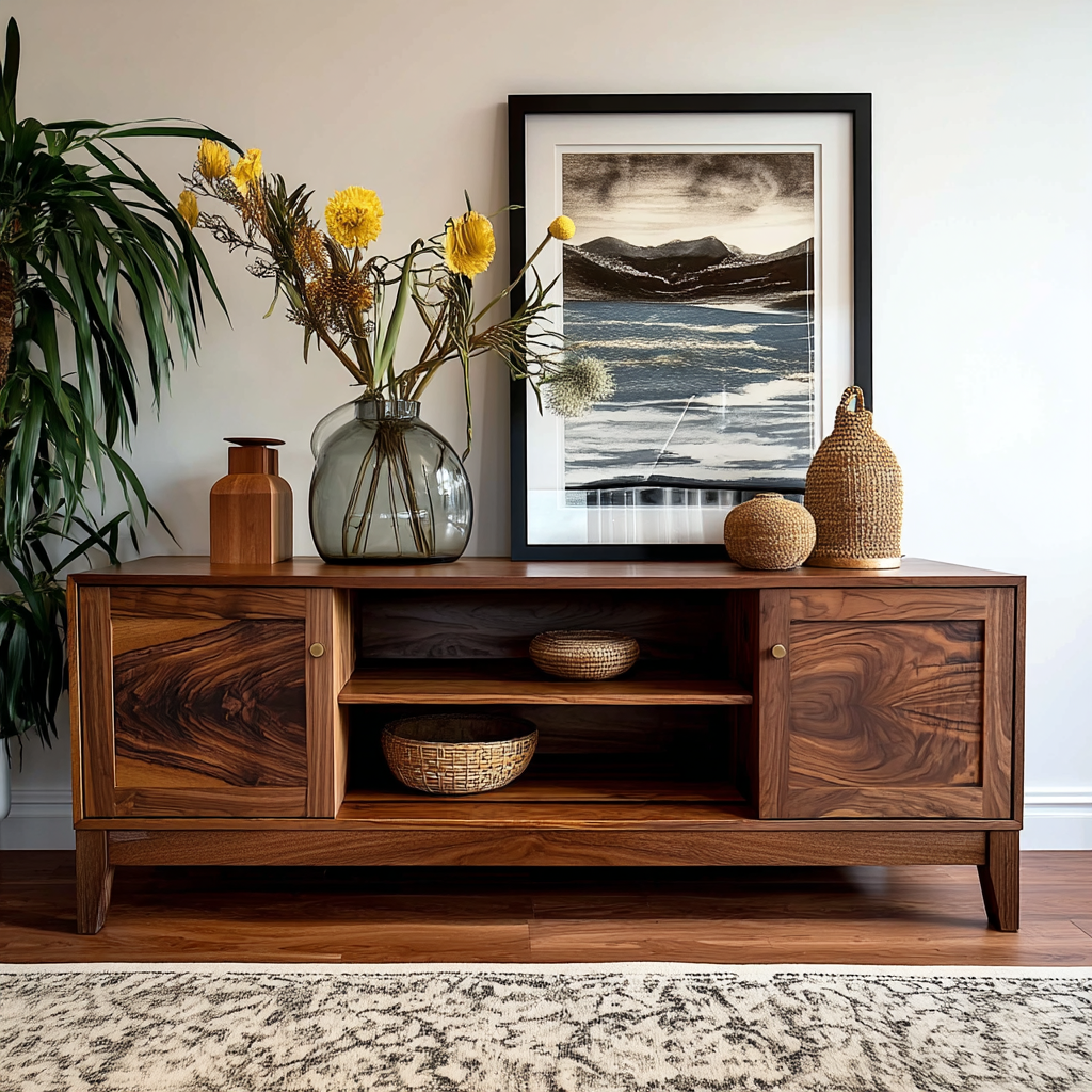 Wooden console table with decorative items in a living room setting