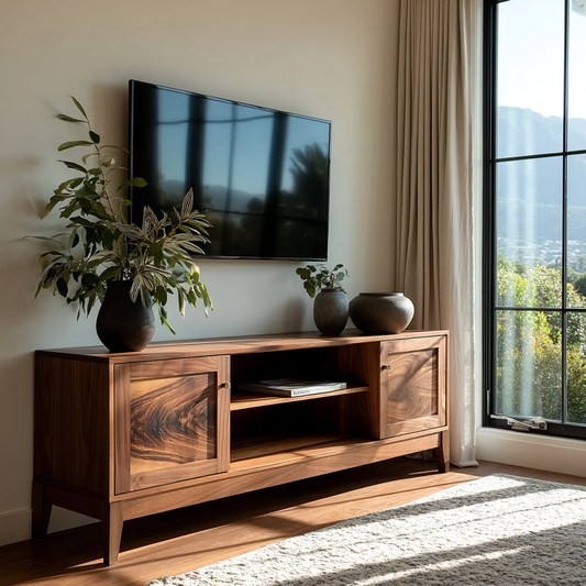 Wooden TV stand with a television mounted on the wall, plants, and a large window in a room.