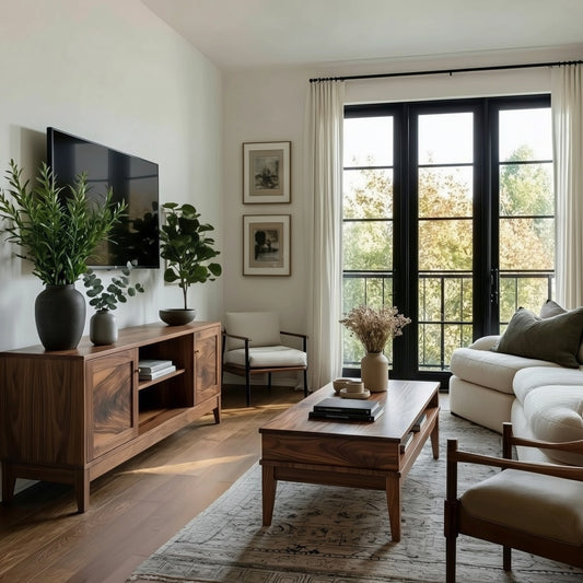Living room with wooden furniture, plants, and large windows.