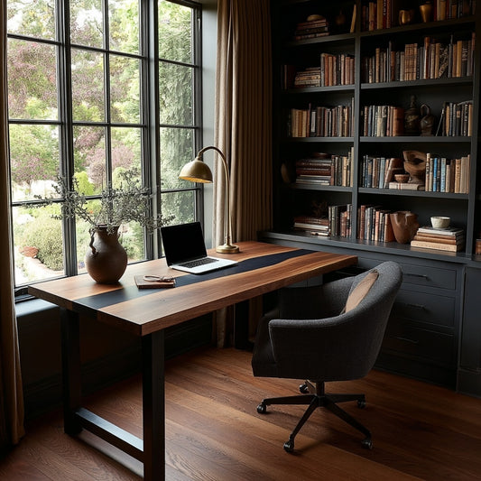 Home office with wooden desk, laptop, lamp, and bookshelf.