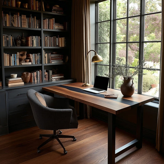 Home office with wooden desk, laptop, lamp, and bookshelf.