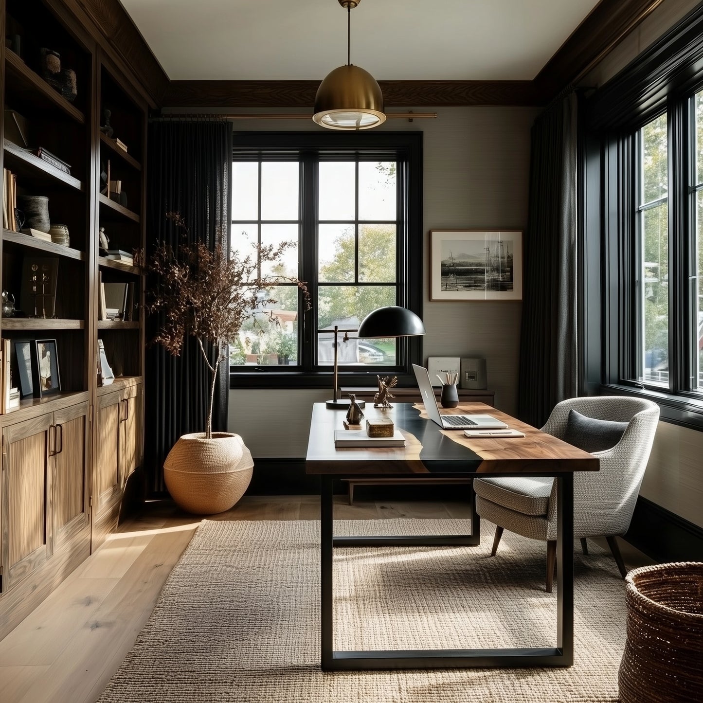 Modern home office with wooden desk, bookshelves, and large windows.