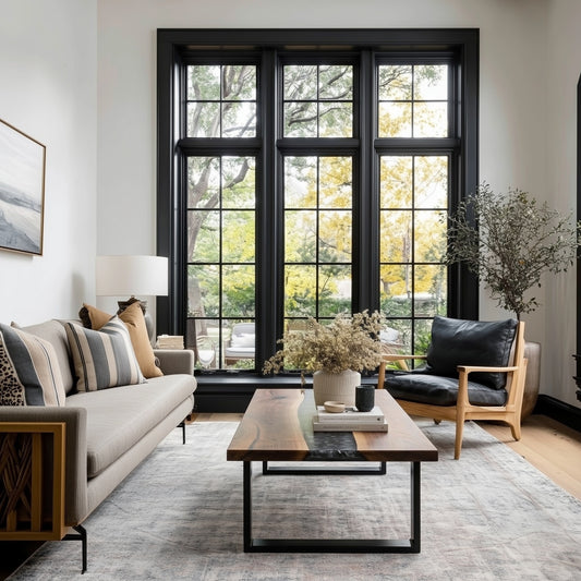 Modern living room with large windows, gray sofa, wooden coffee table, and armchair.