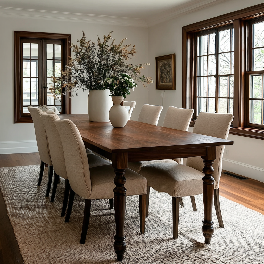 Dining room with wooden table and chairs, vase of flowers, and large windows.
