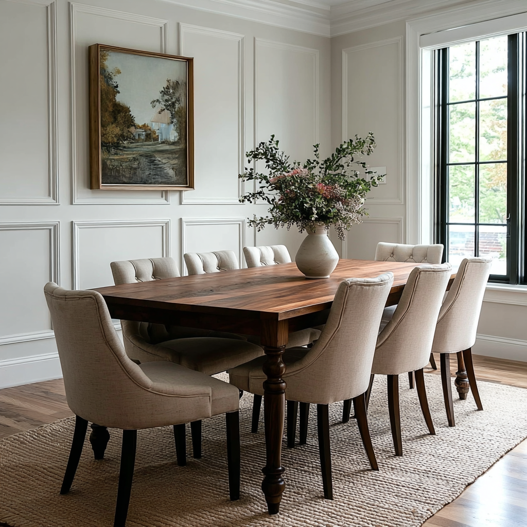 Dining room with wooden table and beige chairs, featuring a vase of flowers and a painting on the wall.