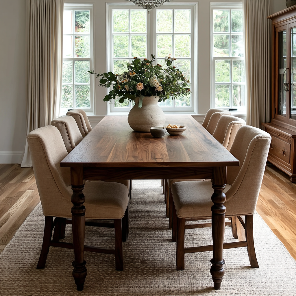 Dining room with wooden table and chairs, large windows, and a vase of flowers.