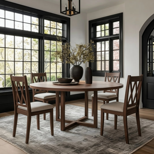Dining room with wooden table and chairs, modern light fixture, and large plant on the table