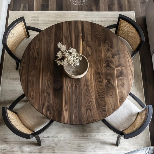 Top down view of a round walnut dining table