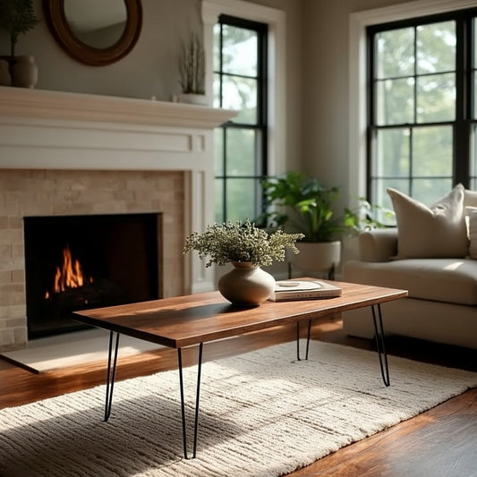 Living room with a fireplace, coffee table, and sofa