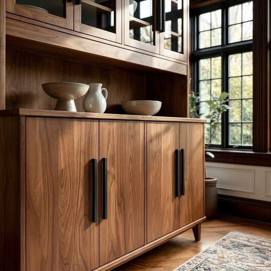 Wooden cabinet with glass doors and shelves in a room with a window and plants.