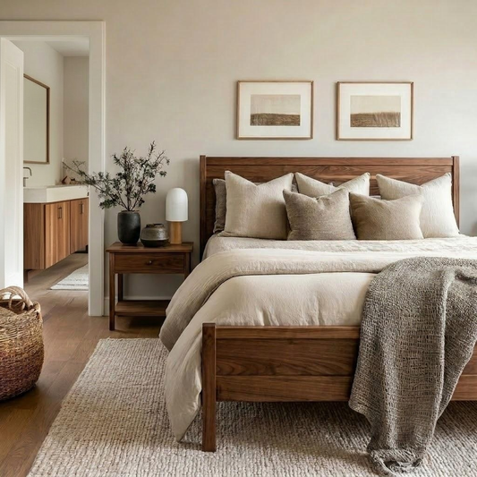 A warm, modern bedroom featuring a wooden bed frame with beige linens, matching pillows, a textured gray throw blanket, and a rustic nightstand with decorative accents.