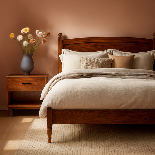 Bedroom with wooden bed, nightstand, and vase with flowers on a warm-toned wall.