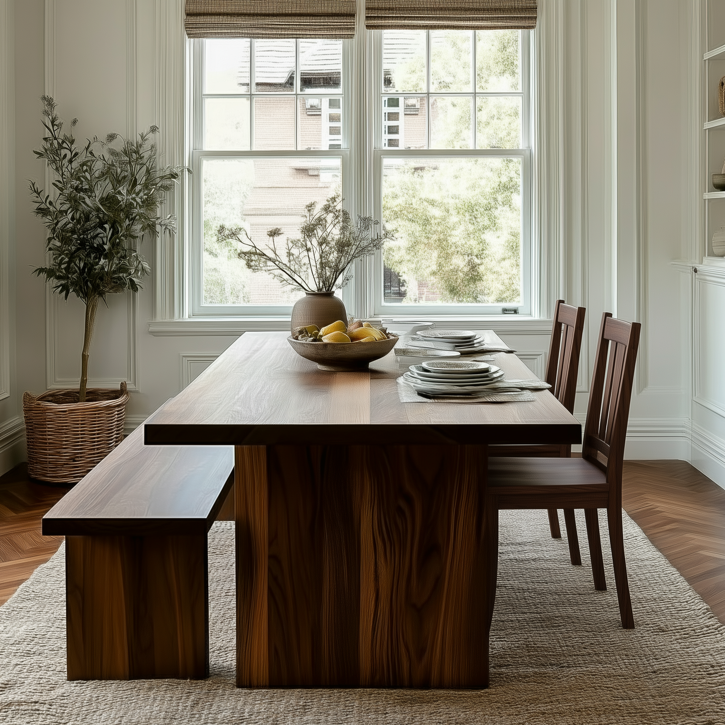 Dining room with wooden table and chairs, plants, and a bowl of fruit.