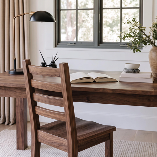 A warm-toned wooden desk and matching wooden ladder-back chair in a bright, modern home office setting with a window, lamp, and books.