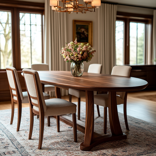 Wooden dining table with chairs in a well-lit room with large windows.