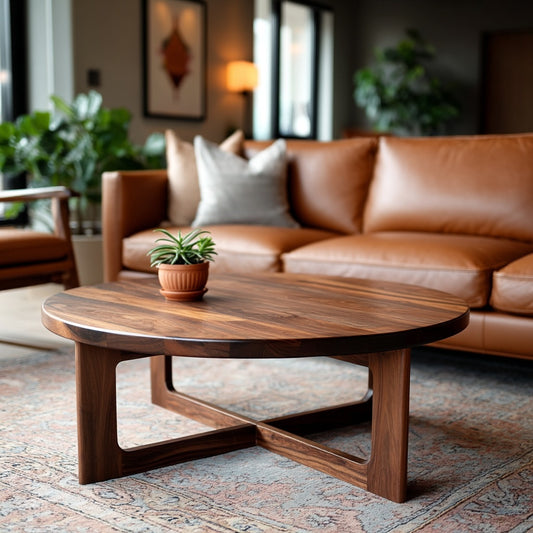 Wooden coffee table in a living room with a brown leather sofa and decorative elements.