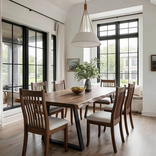 Dining room with wooden table and chairs near large windows