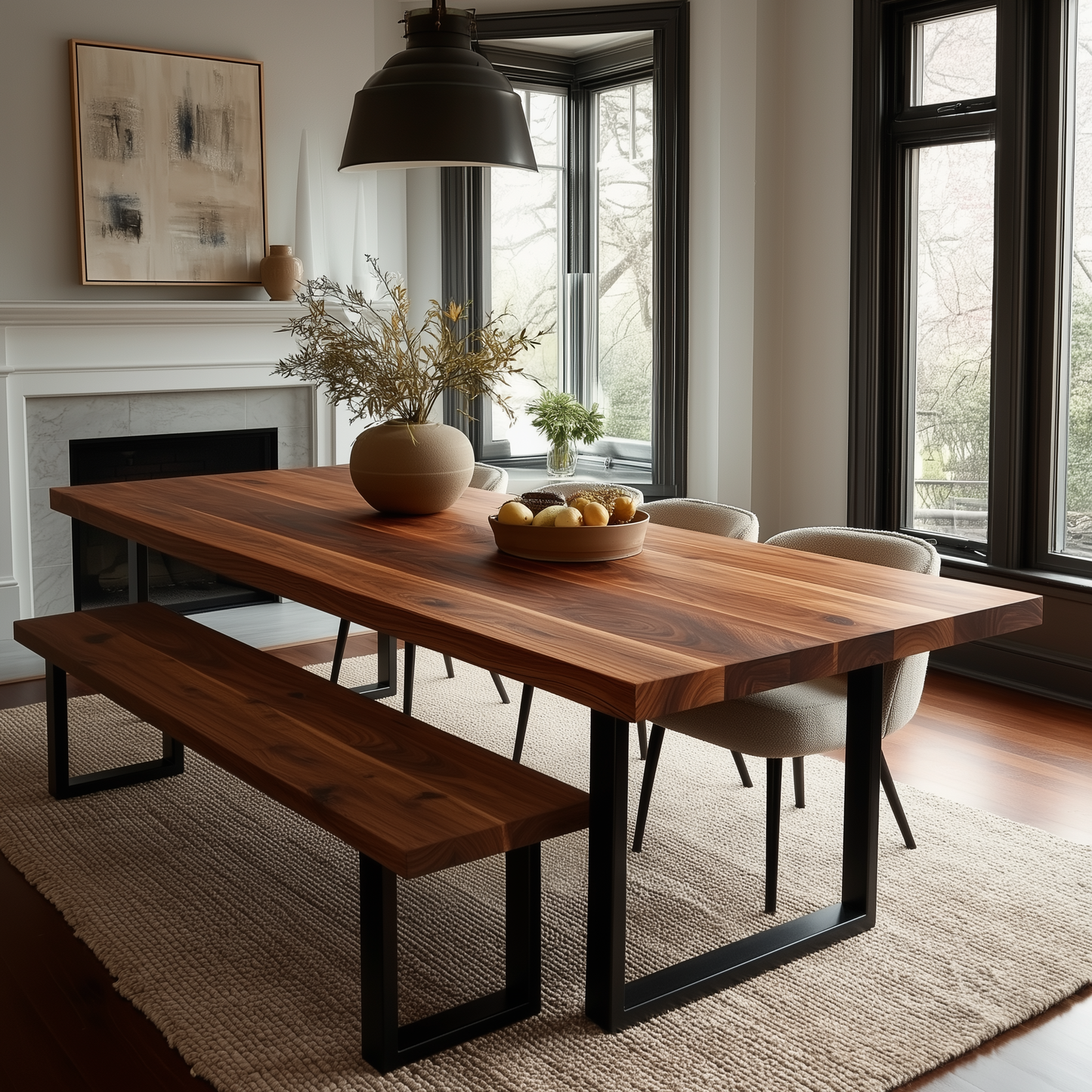 Modern dining room with wooden table, chairs, and bench.