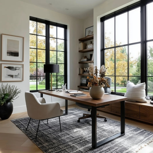 Modern home office with large windows, desk, chair, and decorative elements.