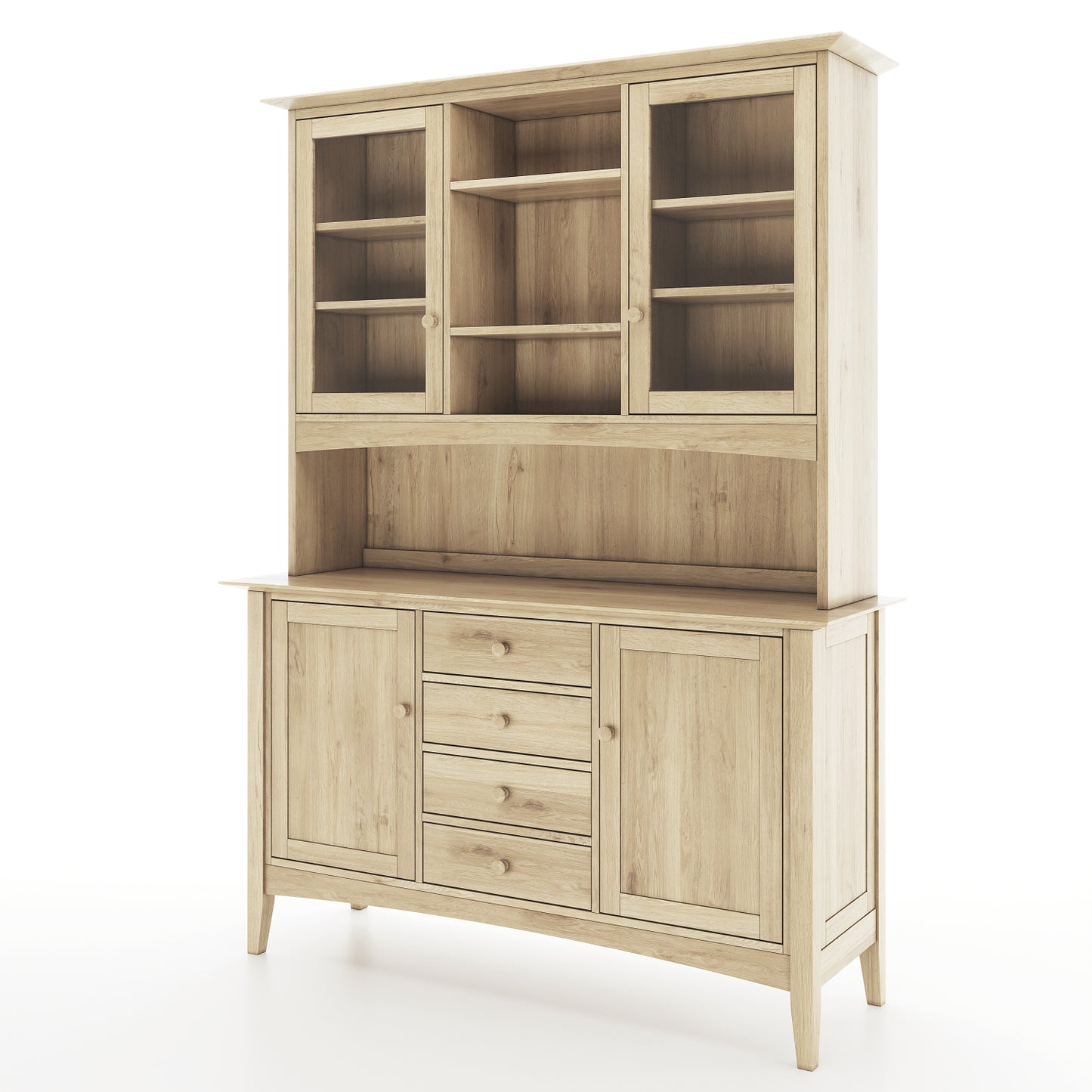 Angled view of an oak dining room buffet and hutch featuring 2 solid doors and 2 doors with windows, along with 4 drawers on a white background