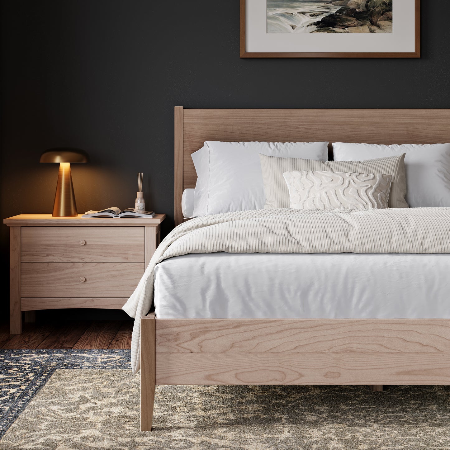 Maple bedframe in an upscale, well lit bedroom