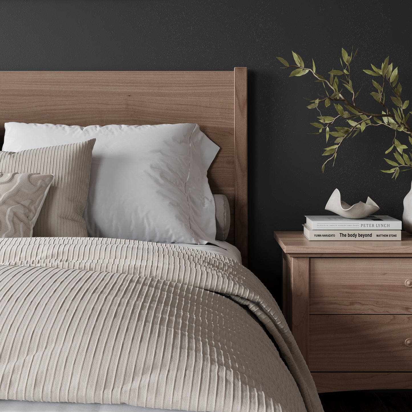 Headboard of a maple bedframe in an upscale, well lit bedroom