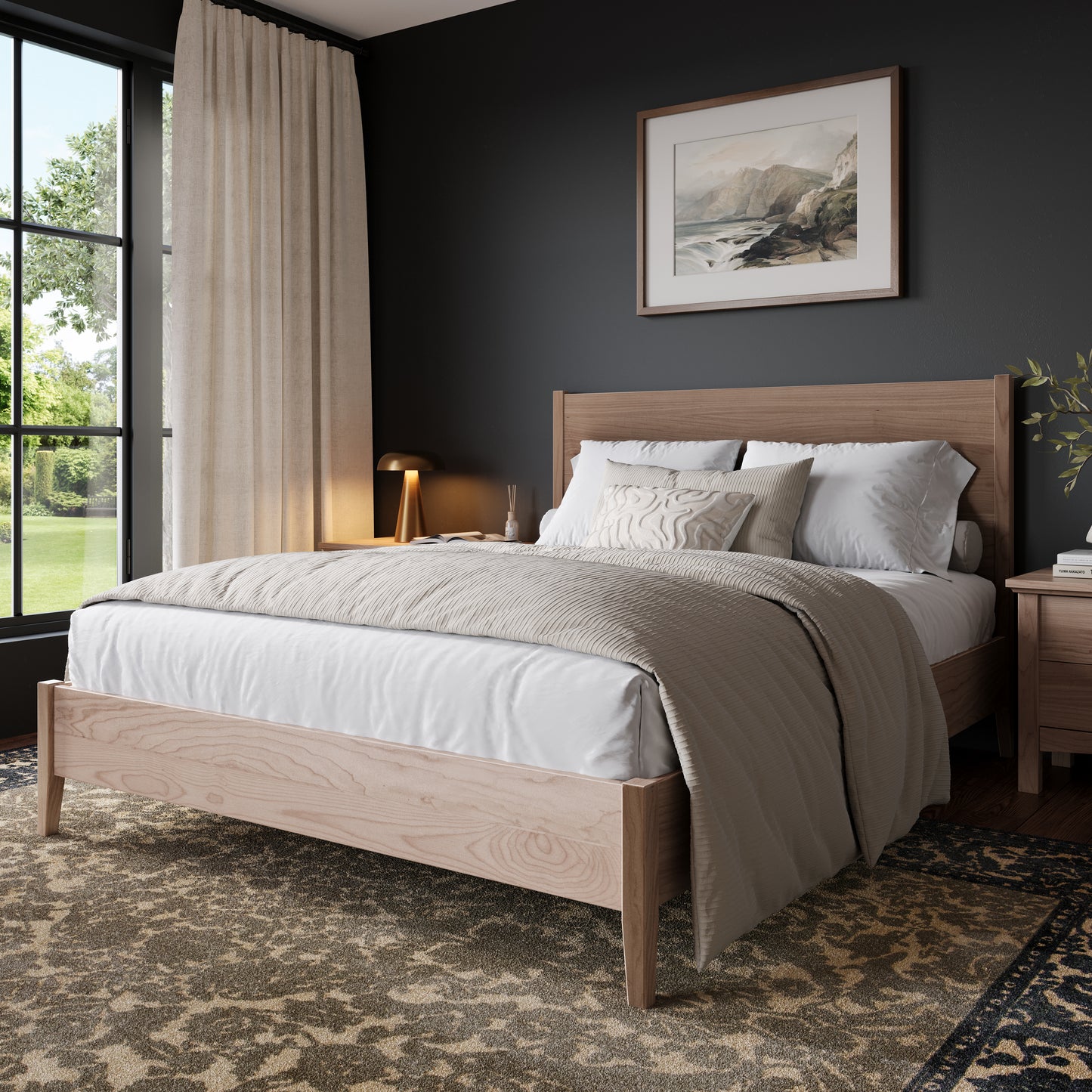 Maple bedframe in an upscale, well lit bedroom
