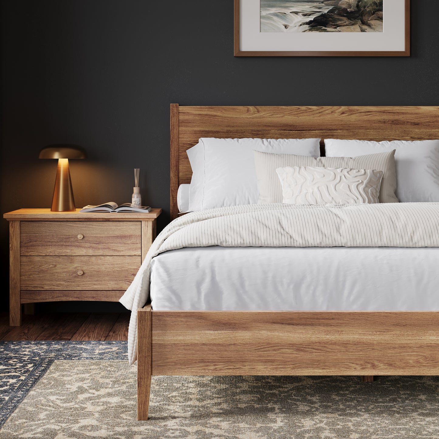 image showing the side of an oak bed in an upscale bedroom