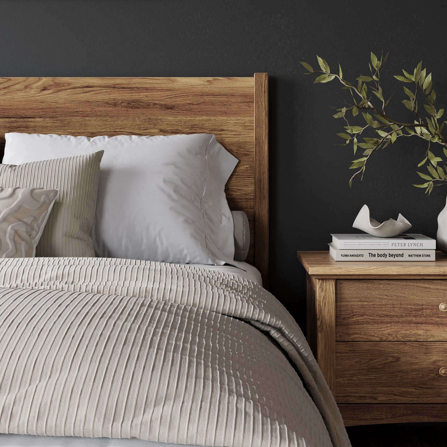 close up image showing the headboard of an oak bed