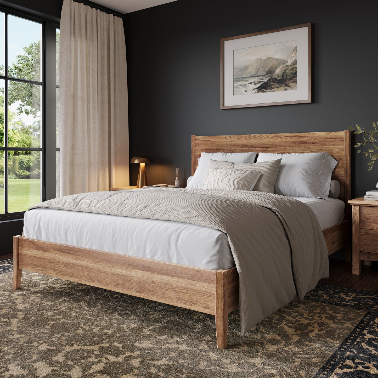 Oak bedframe in an upscale, well lit bedroom